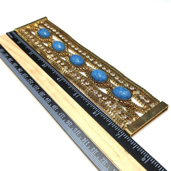 Boho Faux Turquoise Rhinestones Gold Tone Bracelet, 7 1/4 Inch, Magnetic Clasp - Picture 10 of 10